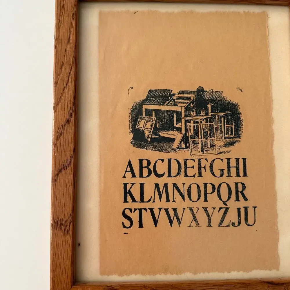 Vintage Framed Alphabet Print Primitive Folk Art Wood Frame
